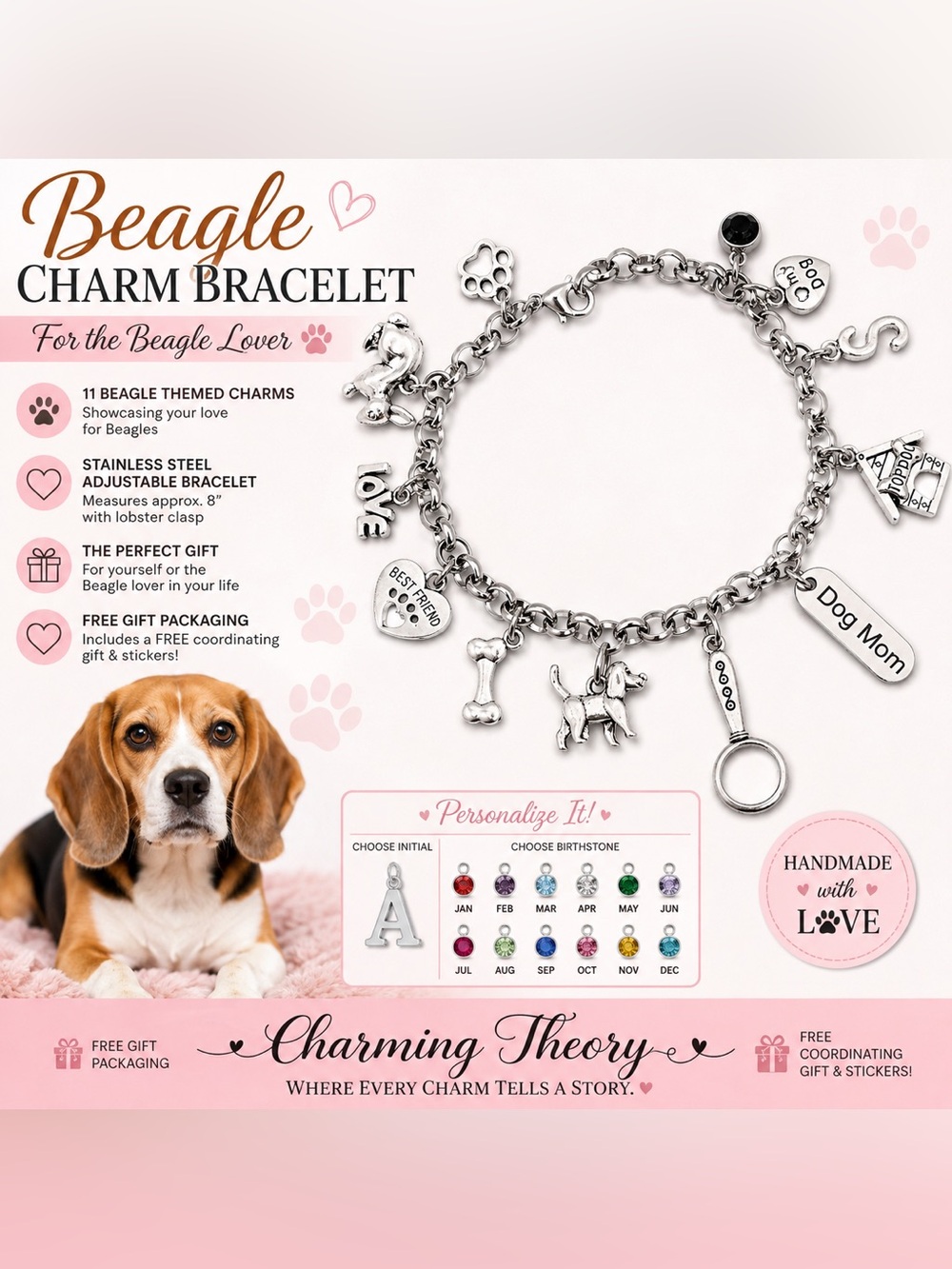 Beagle Charm Bracelet – Personalized Dog Lover Gift